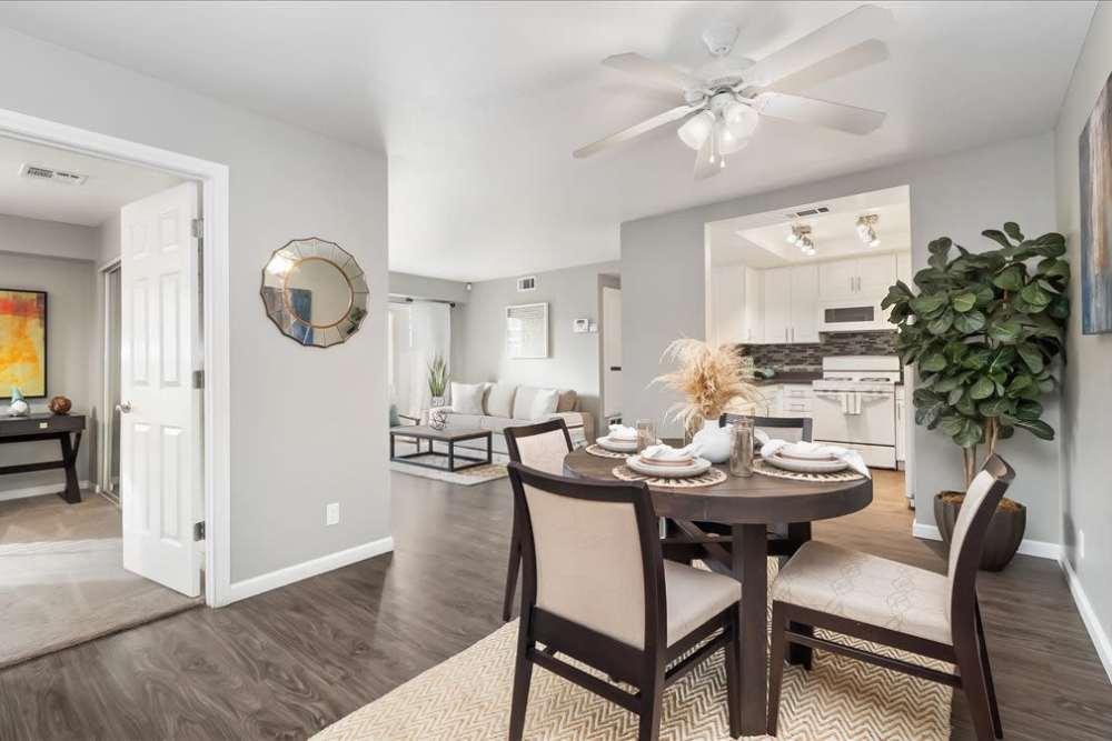 Dining area in model home at Mirabella Apartments in Bermuda Dunes, California