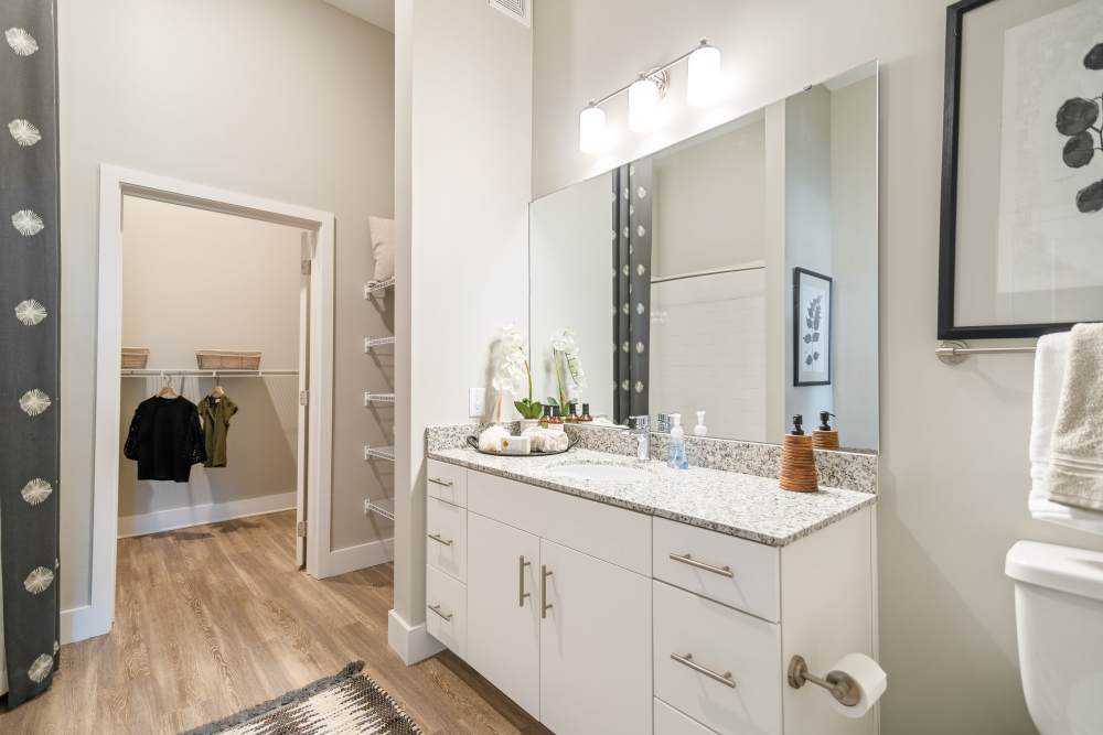 Spacious apartment bathroom with wood-style flooring at 101 Depot in Smyrna, Tennessee