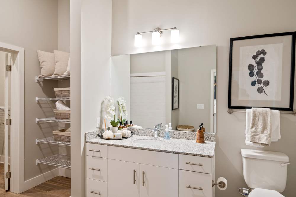 Bathroom with linen storage at 101 Depot in Smyrna, Tennessee