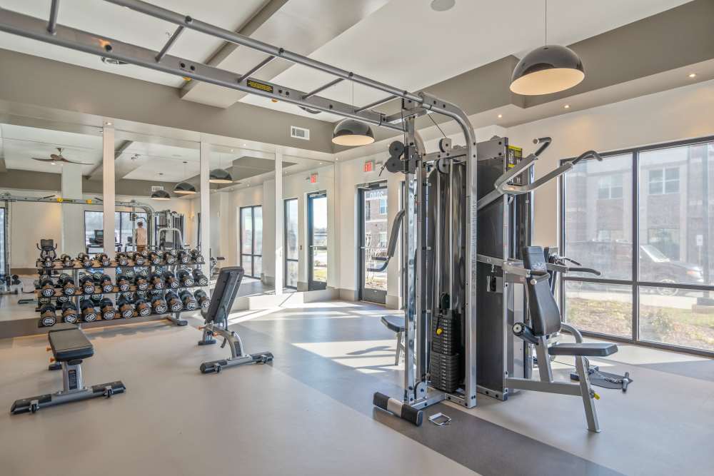 Dumbbells' and cable machines in the fitness center at 101 Depot in Smyrna, Tennessee