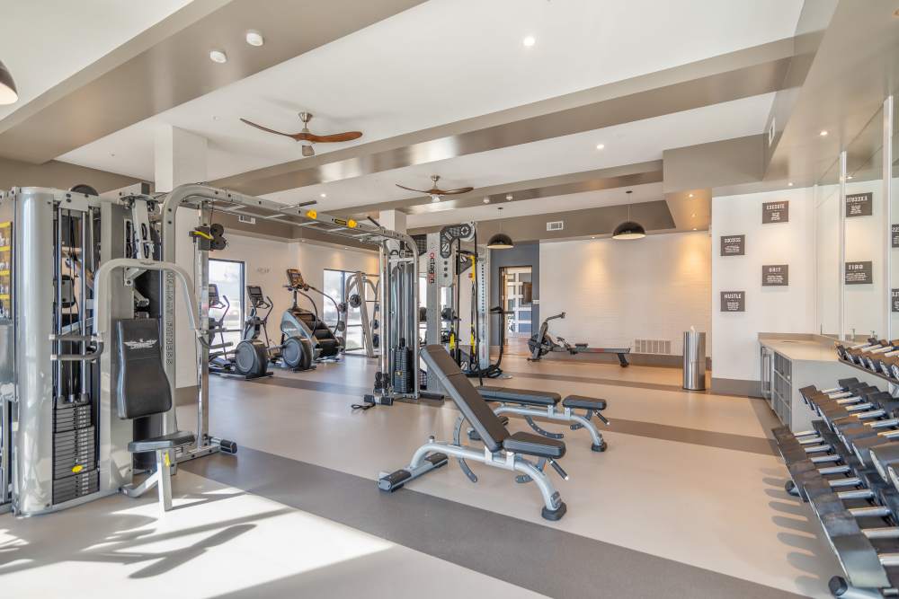 Weight lifting equipment in the fitness center at 101 Depot in Smyrna, Tennessee