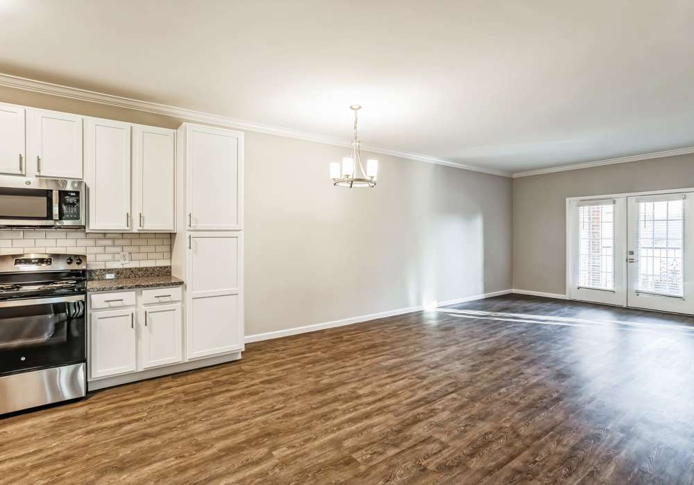 Modern Kitchen and Empty Dining at Copper Mill Village in High Point, North Carolina
