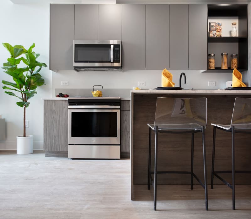 Kitchen and island at Arthaus Apartments in Allston, Massachusetts