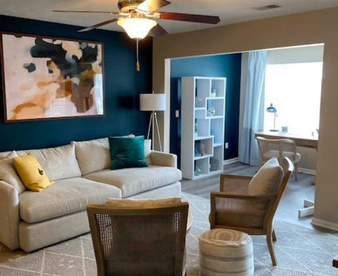 Modern decor in the dining area of an apartment at Townsend On The Park Apartments in Grand Ledge, Michigan