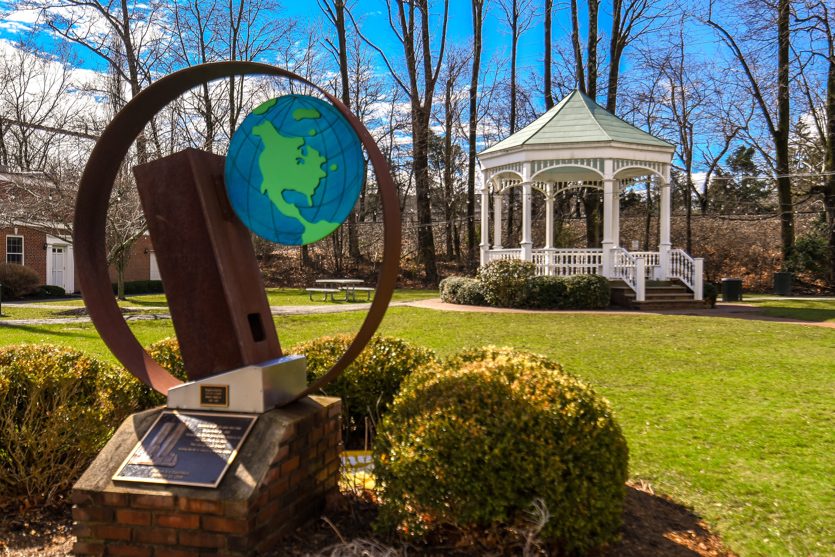 Sculpture and a gazebo on the grounds of Chatham on Main in Chatham, New Jersey