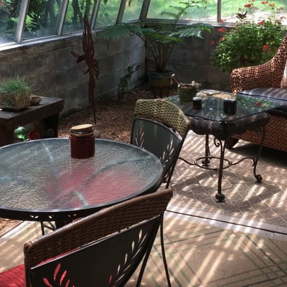 Covered outdoor seating at Kenilworth Inn in Asheville, North Carolina