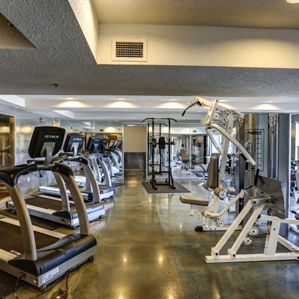 Fitness center with cardio equipment at The Falls in Mission, Kansas