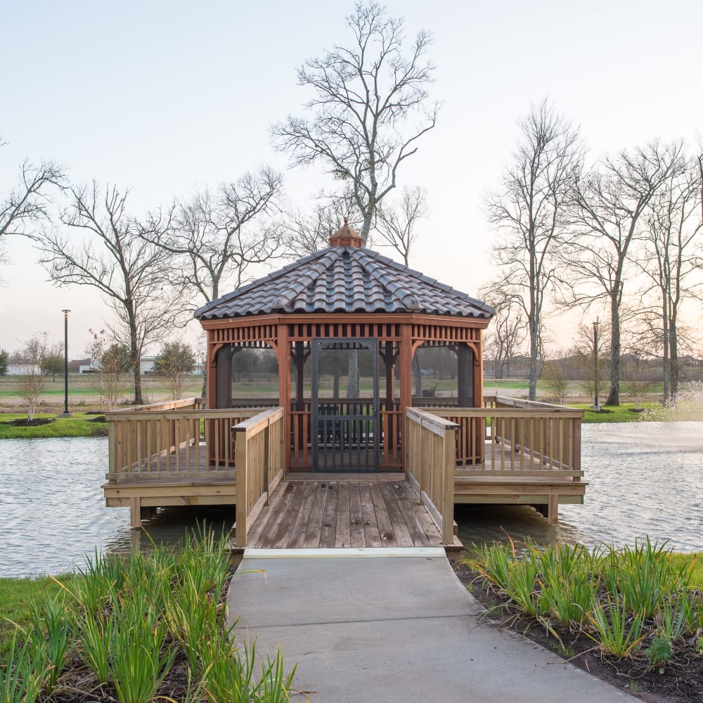 Gazebo and a lake at Inspired Living Sugar Land in Sugar Land, Texas