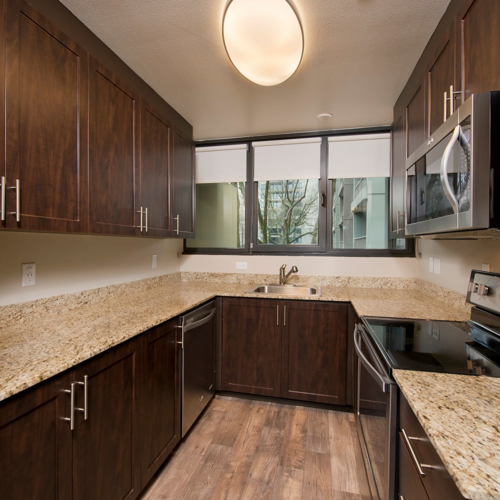 Large kitchen with plenty of counter-space at Harrison Tower in Portland, Oregon