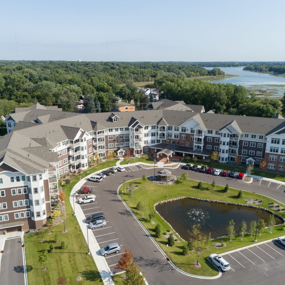 Aerial view of Applewood Pointe of Roseville at Central Park in Roseville, Minnesota. 