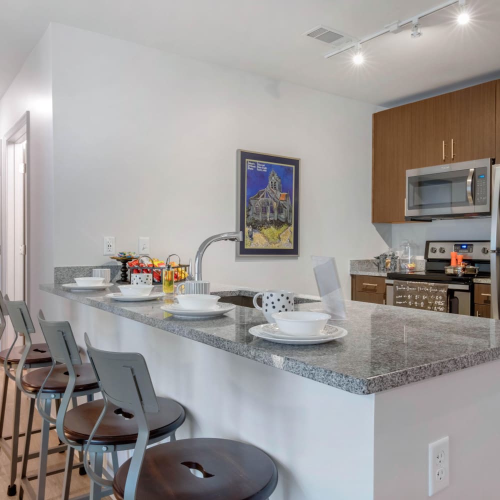 Modern kitchen with stainless steel appliances at UNCOMMON Oxford in Oxford, Mississippi