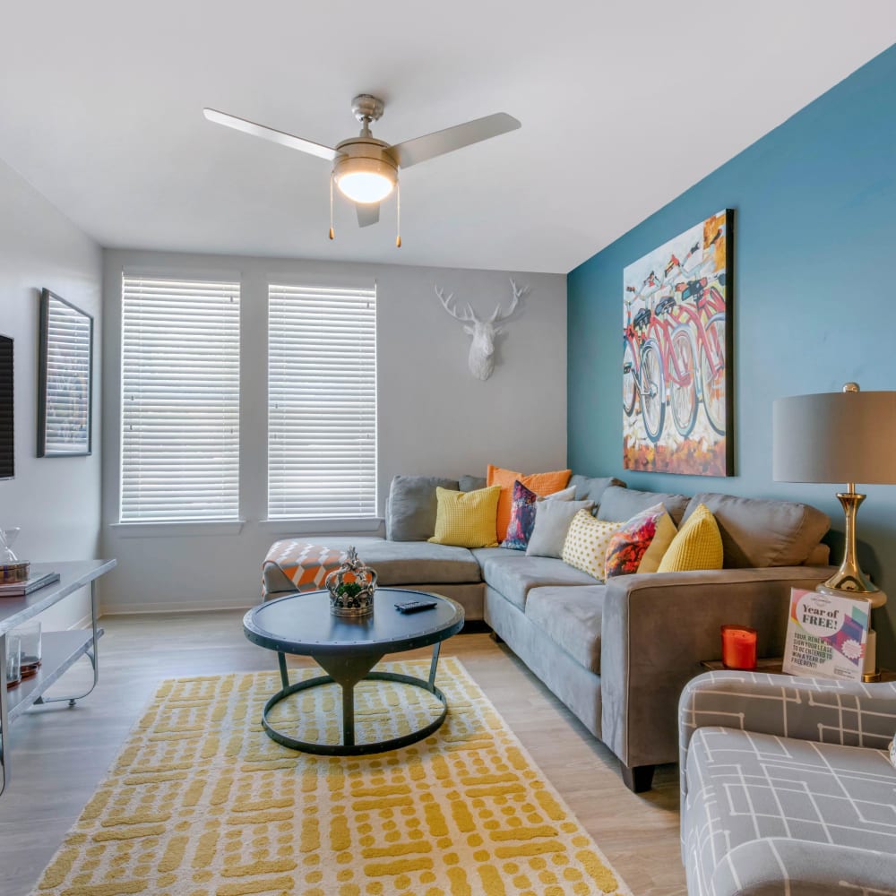 Spacious, bright living room at UNCOMMON Oxford in Oxford, Mississippi