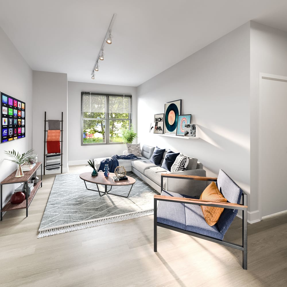 Living room with a view at LATITUDE on Hillsborough in Raleigh, North Carolina