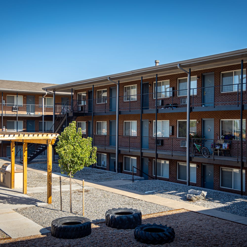 Apartment patios at The Phoenix in Brighton, Colorado