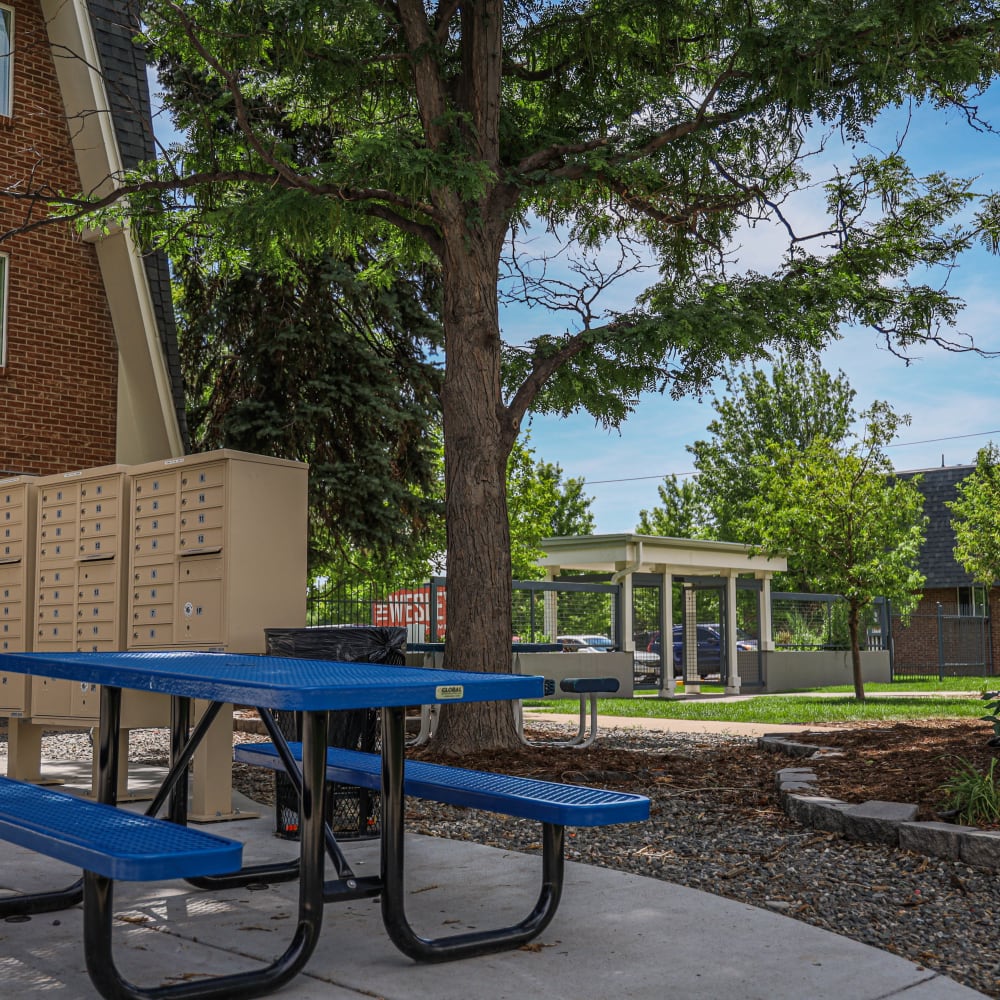 Mailboxes and picnic bench at The Wesley in Denver, Colorado