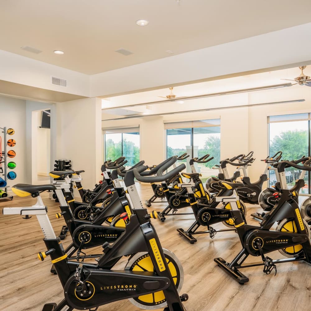 Spin bikes in the onsite fitness center at Lakeshore Pearl in Austin, Texas