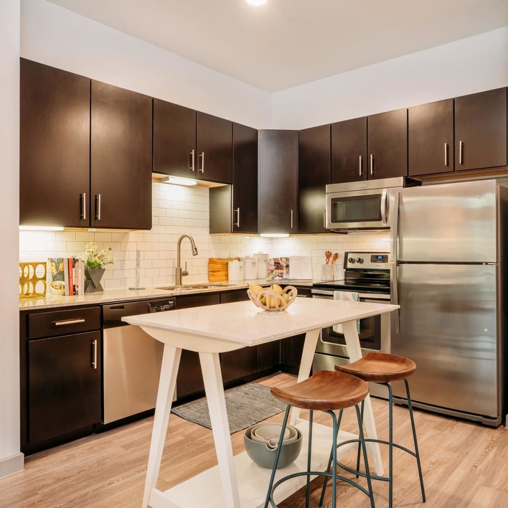 Gourmet kitchen with stainless-steel appliances and quartz countertops in a model home at Lakeshore Pearl in Austin, Texas
