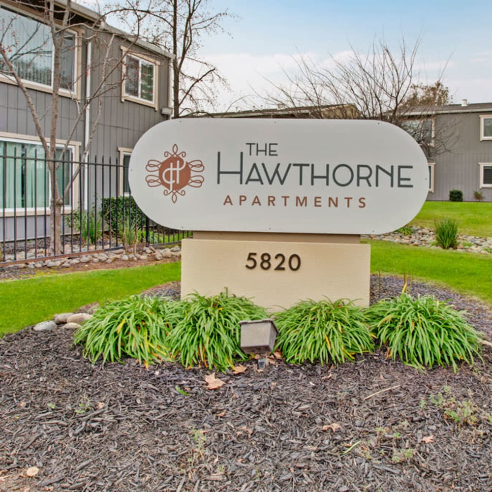 Front entrance sign at The Hawthorne in Carmichael, California