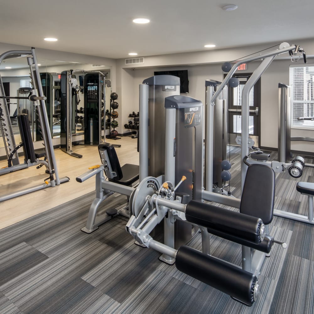 Fully equipped fitness center at Oaks Minnehaha Longfellow in Minneapolis, Minnesota