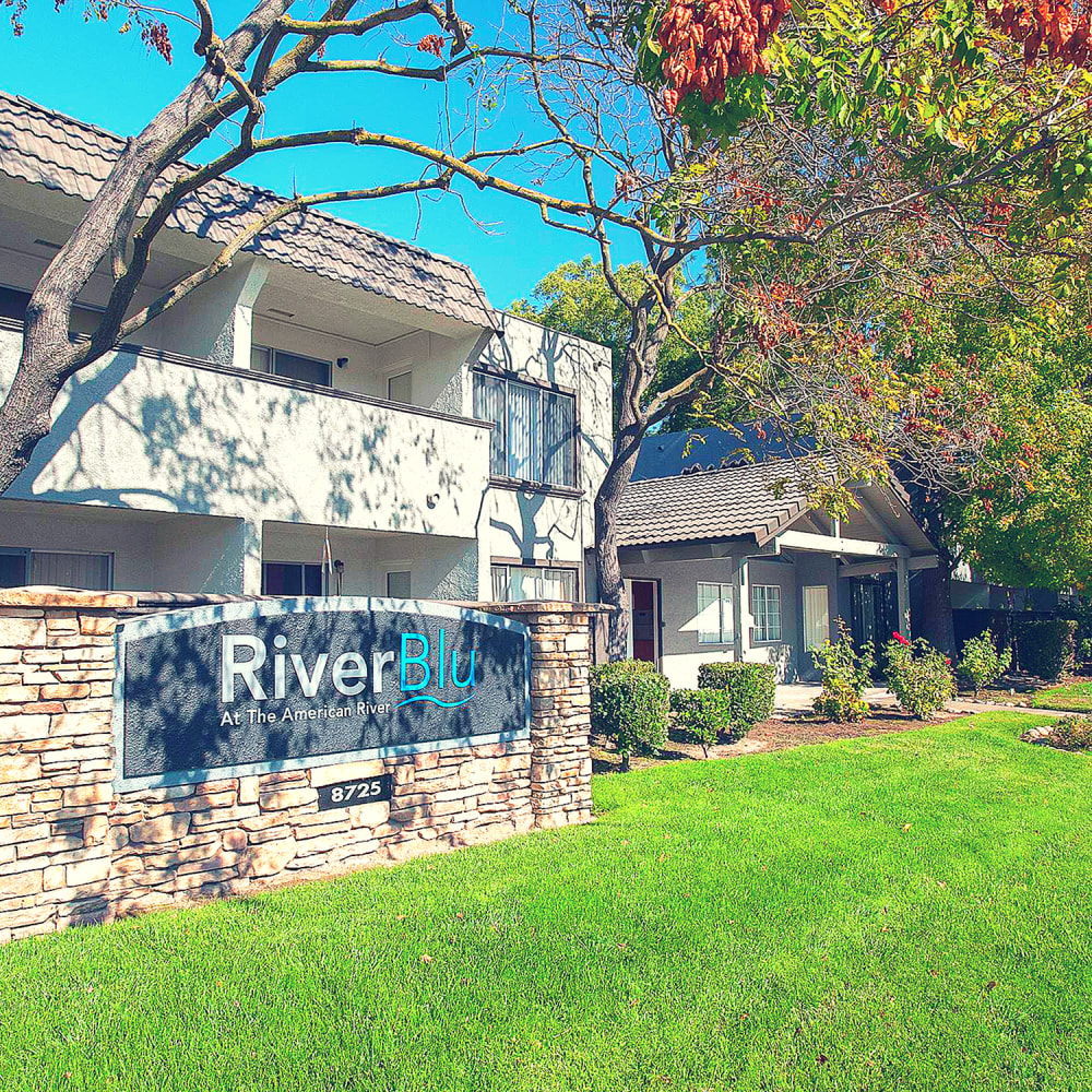 Front sign at River Blu in Sacramento, California