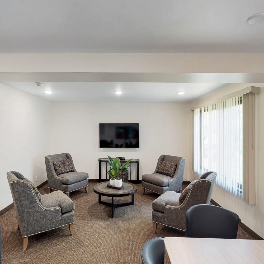 Comfortable seating area near the flatscreen TV in the lounge at Oaks Braemar in Edina, Minnesota