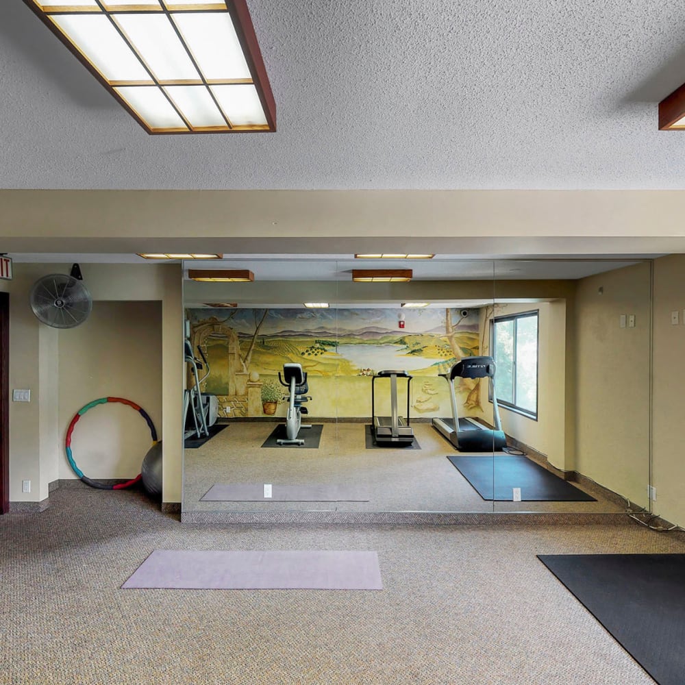 Large mirror in the yoga area of the fitness center at Oaks Braemar in Edina, Minnesota