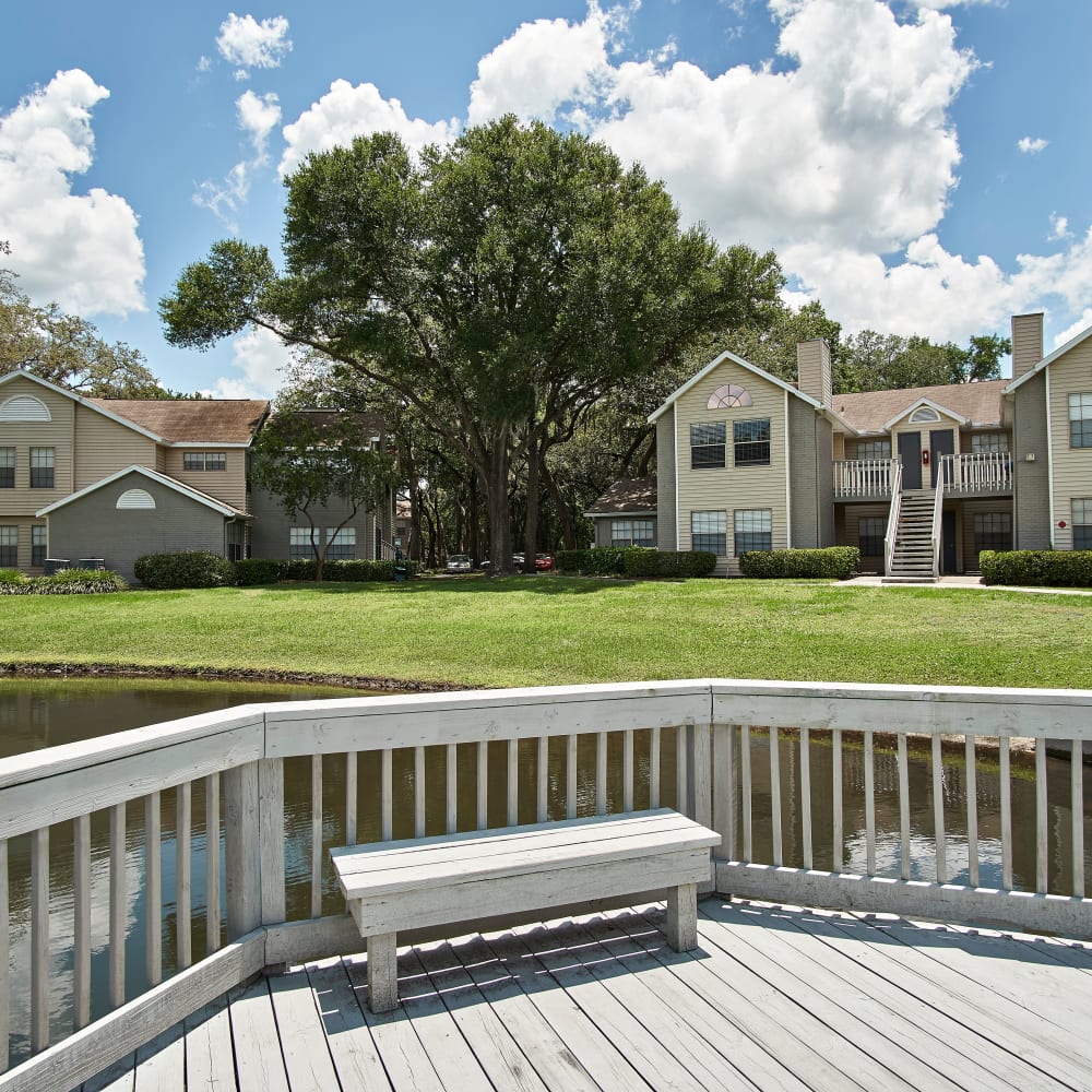 The deck overlooking the pond at Avenue @Creekbridge in Brandon, Florida