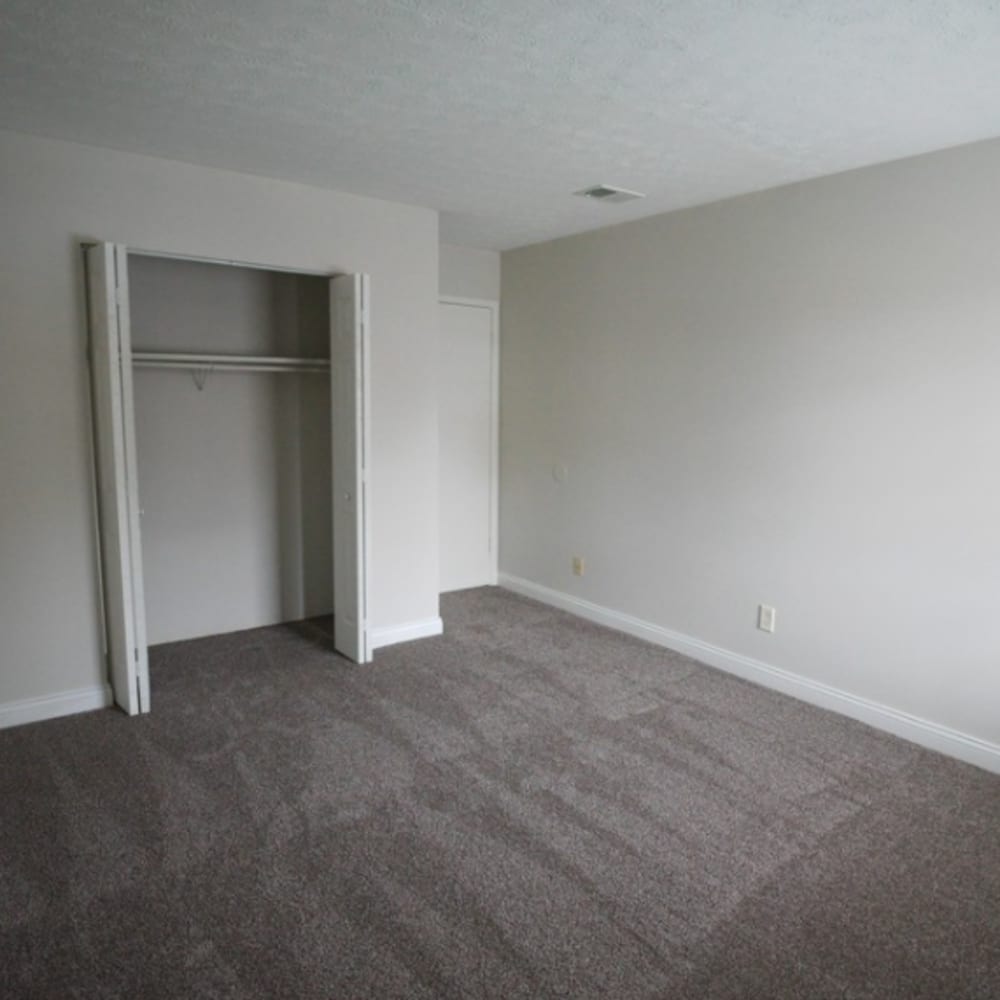 A bedroom with plush carpeting at Tanglewood Apartments in Louisville, Kentucky