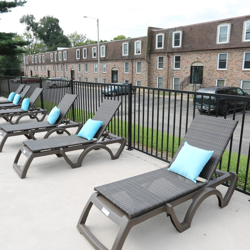 A sundeck with lounge chairs at Reserve at Lindsay in Louisville, Kentucky