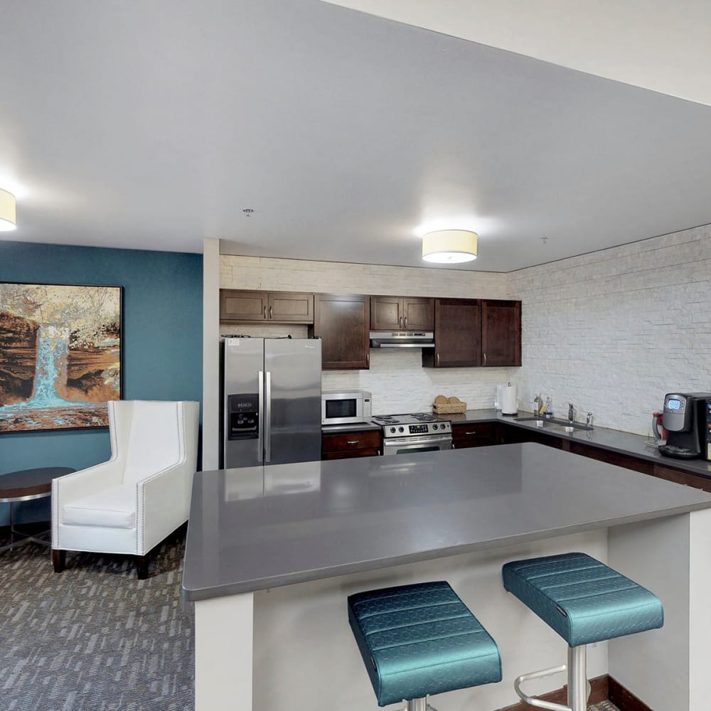 Demonstration kitchen in the resident clubhouse at Oaks Station Place in Minneapolis, Minnesota