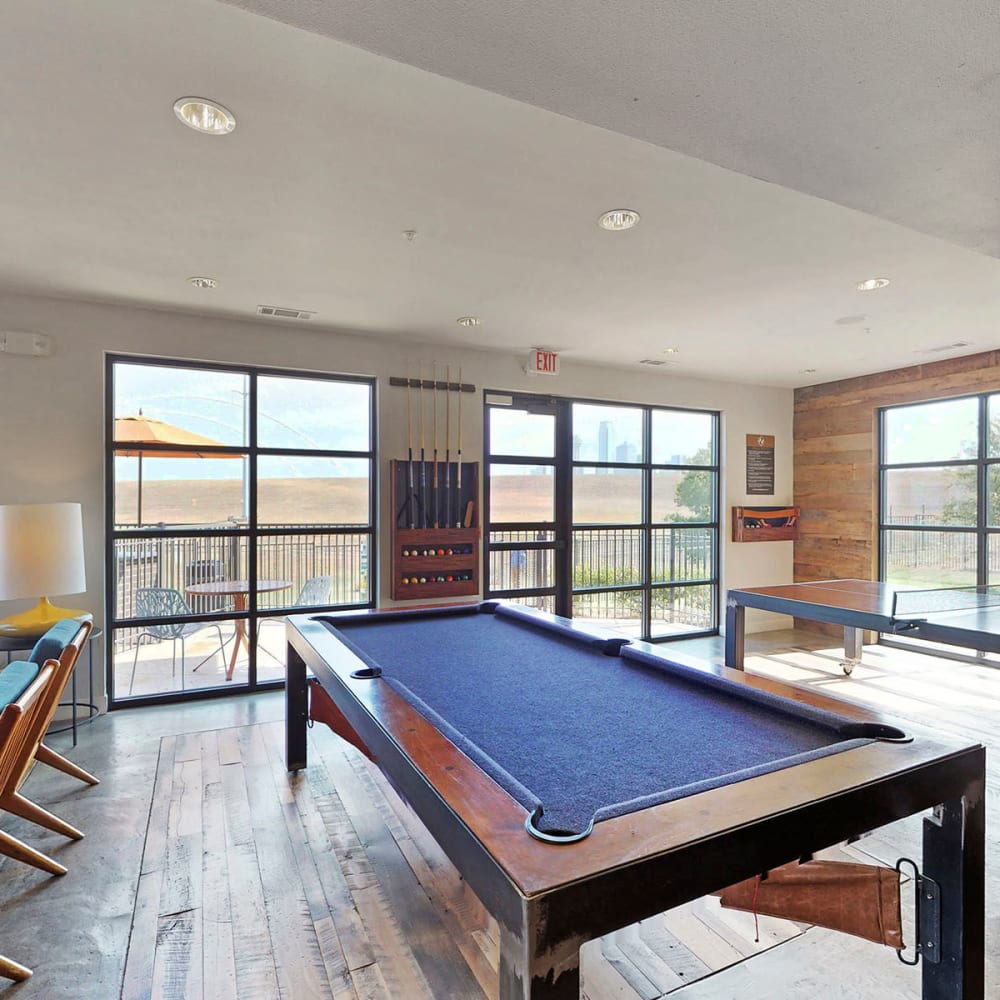 Billiards table in the clubhouse lounge at Oaks Trinity in Dallas, Texas