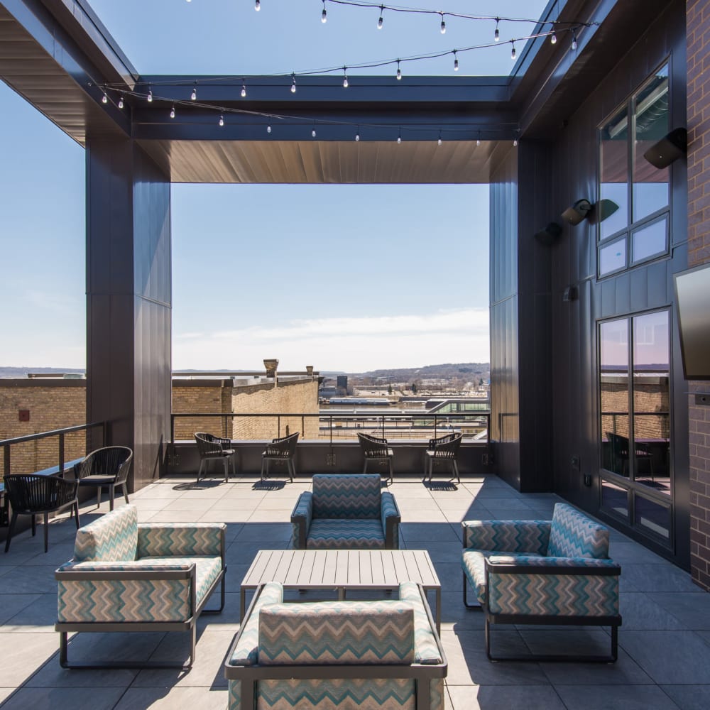 Rooftop lounge with a fire pit at Oaks Union Depot in St Paul, Minnesota