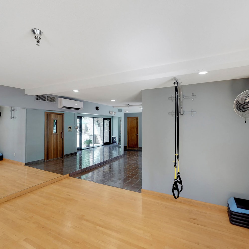 Yoga room in the fitness center at Oaks Vernon in Edina, Minnesota