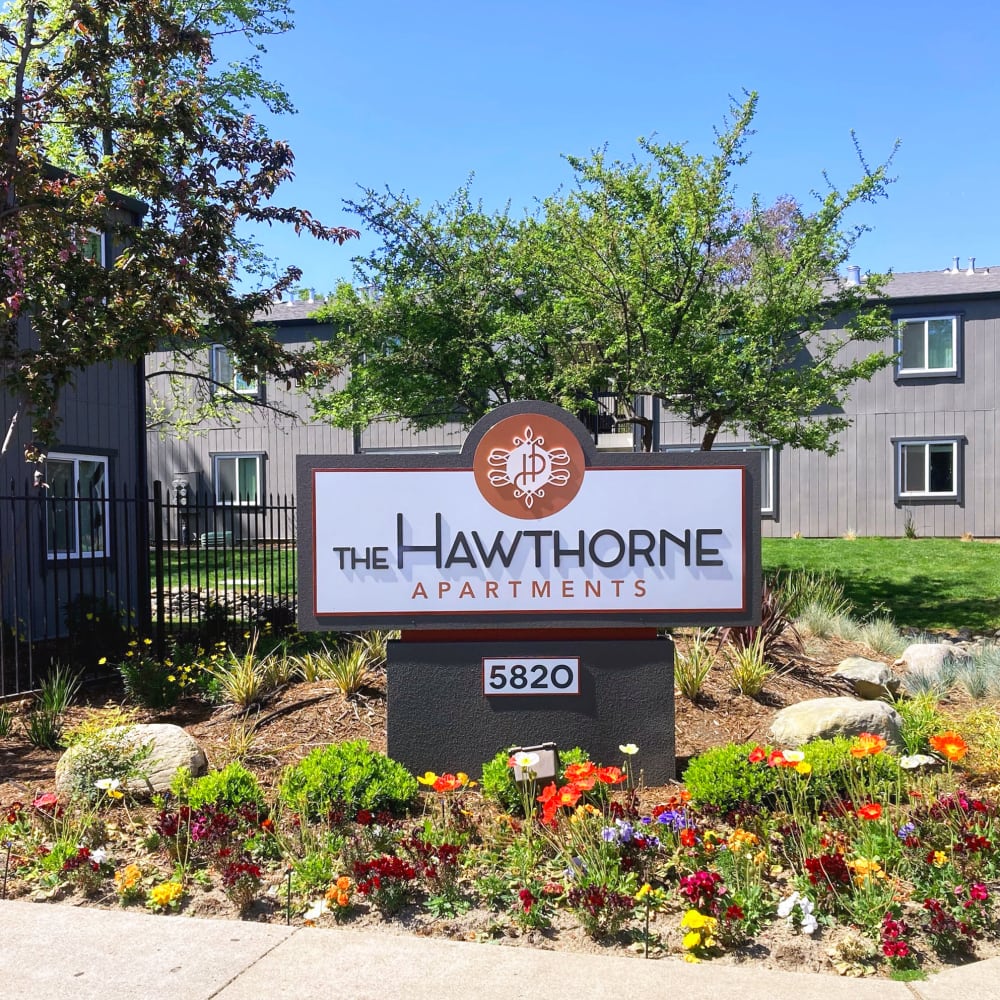 Front entrance sign at The Hawthorne in Carmichael, California