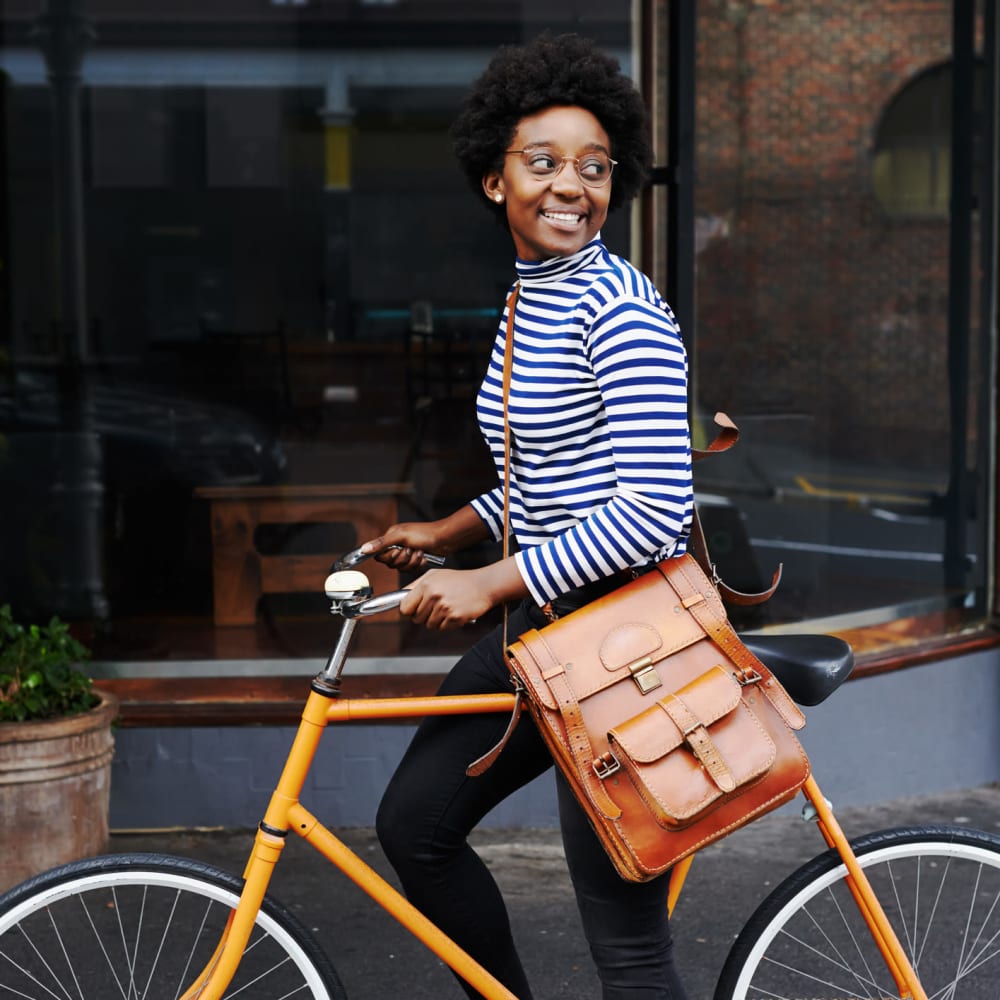 Resident on her bike near The Gallery Lofts in Winston Salem, North Carolina