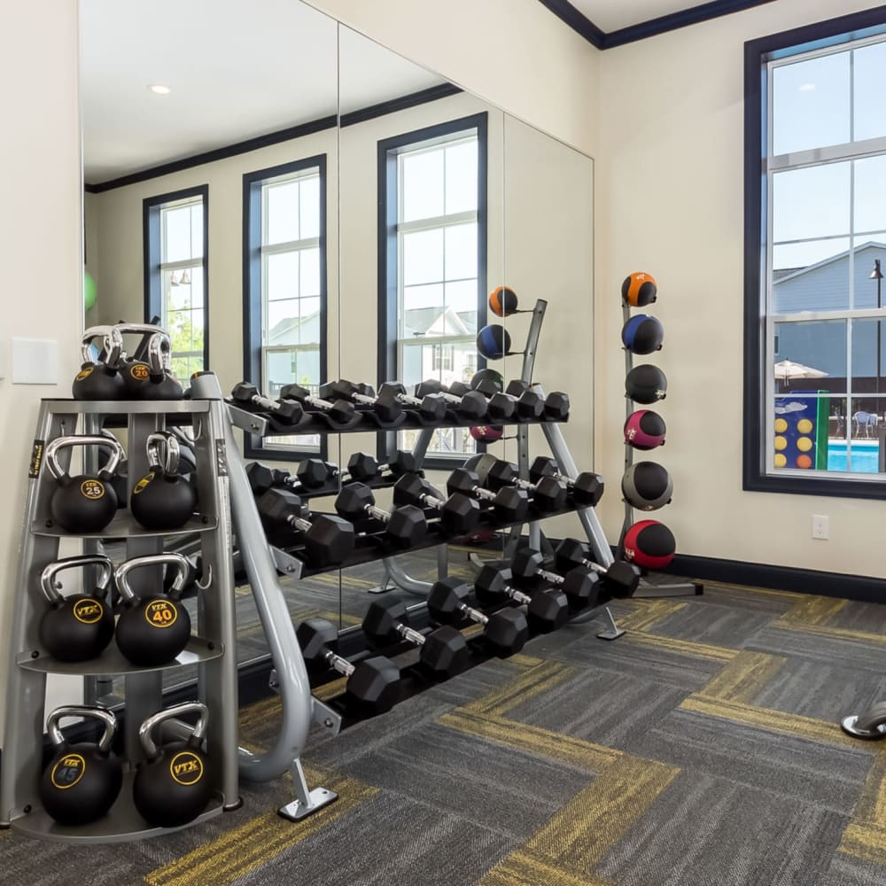 Fitness center with free weights at Overland Park in Pickerington, Ohio