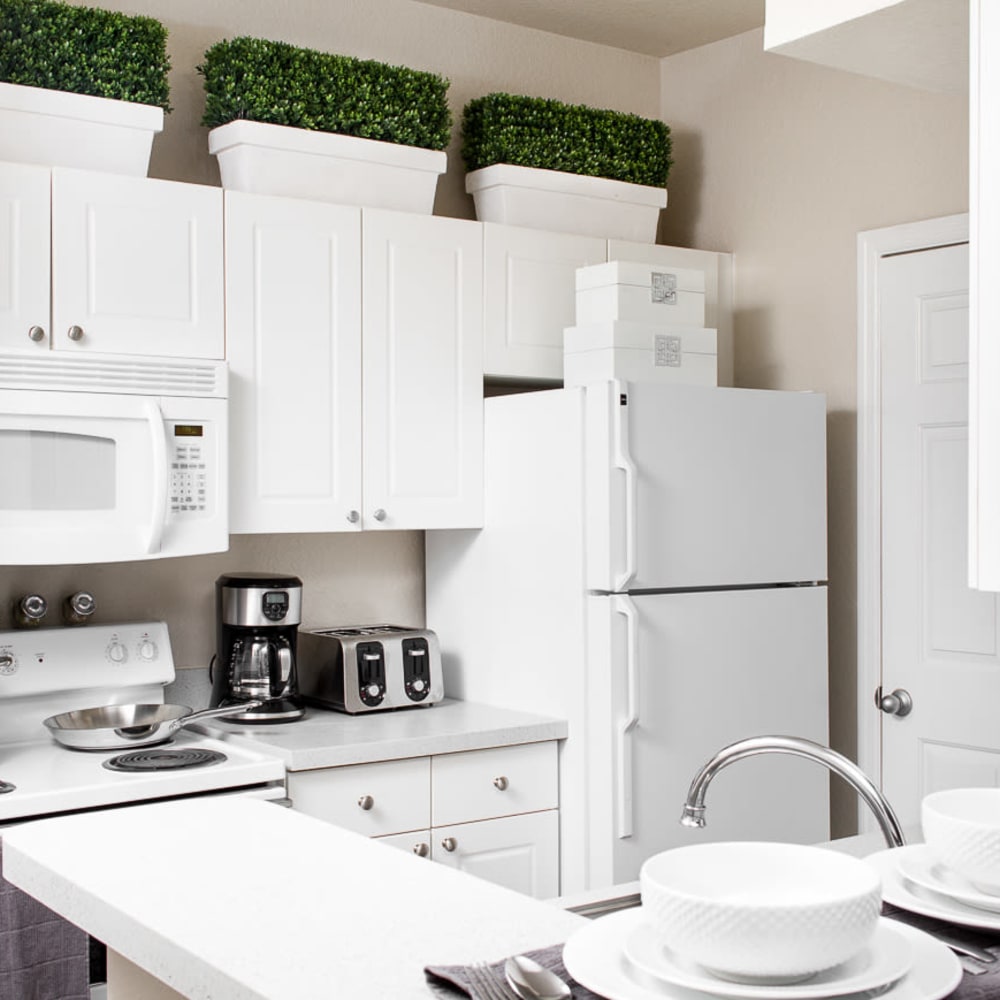Very clean and cute kitchen area with all white cabinets and appliances at The Ivy in Tampa, Florida