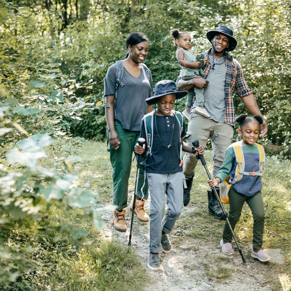 Happy family on a light hike through a lush forest near Mission Rock at Novato in Novato, California