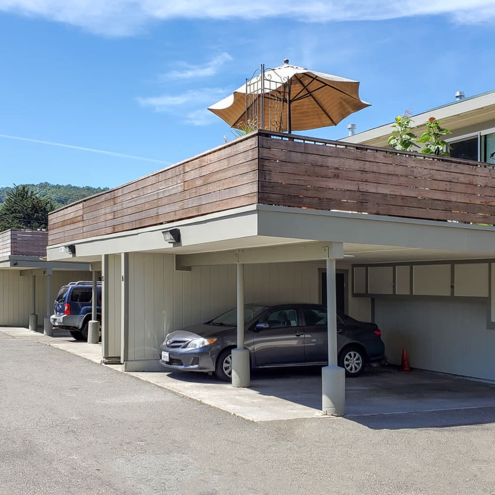 Private patio with covered parking below at our Ignacio Place community at Mission Rock at Novato in Novato, California