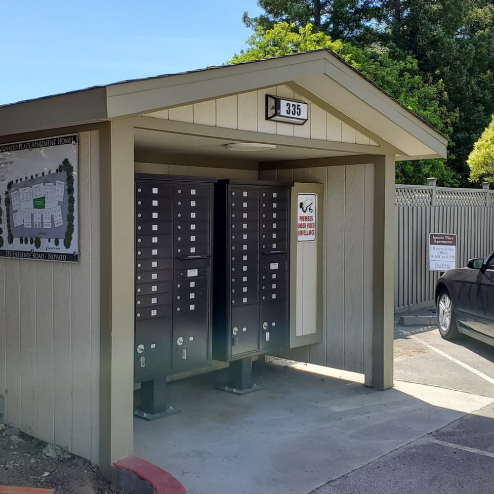 Covered mailbox areas at our Ignacio Place community at Mission Rock at Novato in Novato, California