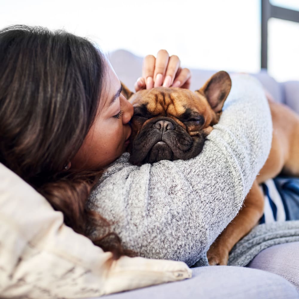 Resident and her puppy snuggling on the couch in their apartment home at Mission Rock at Marin in San Rafael, California