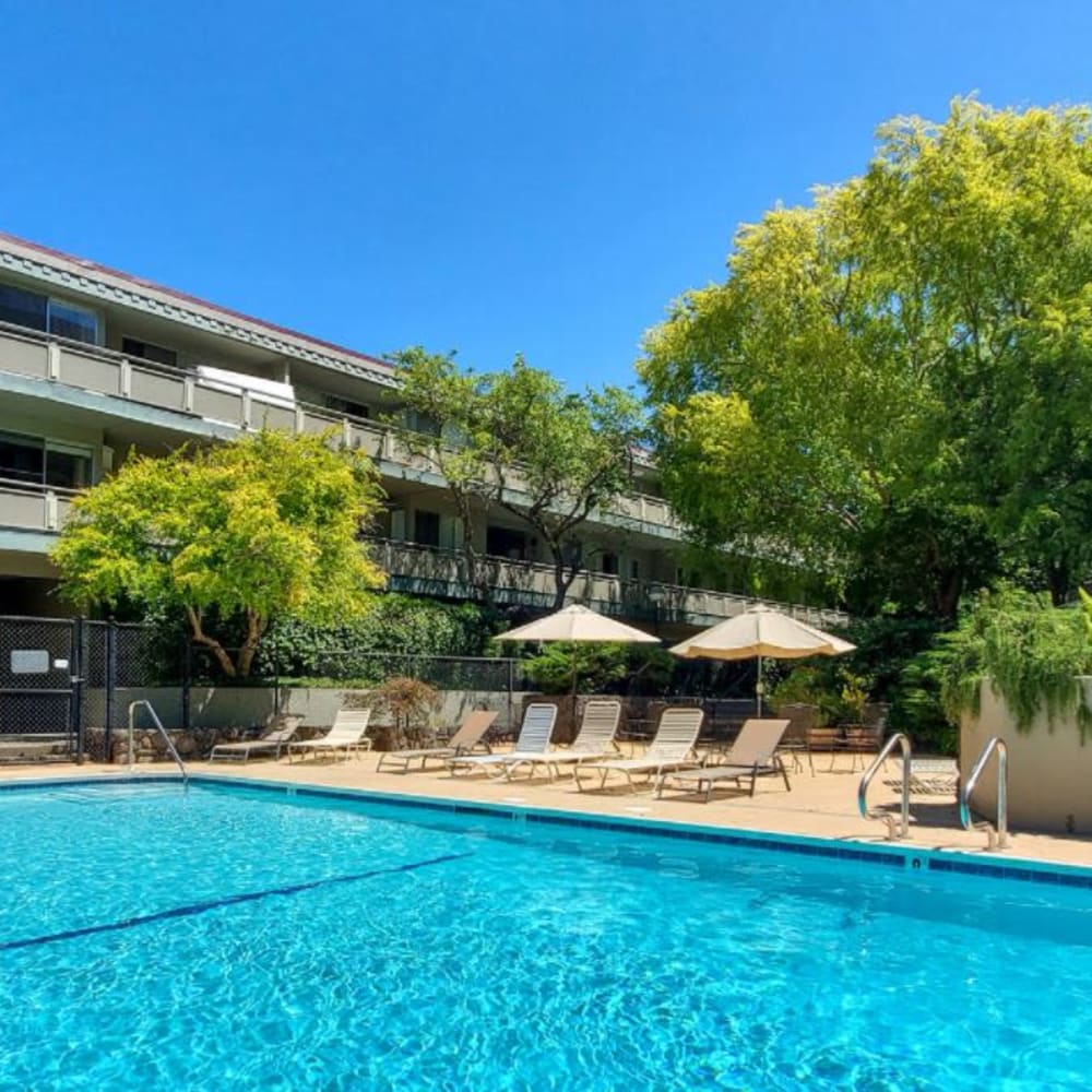 Heated swimming pool with lounge chairs and umbrellas at Mission Rock at Marin in San Rafael, California