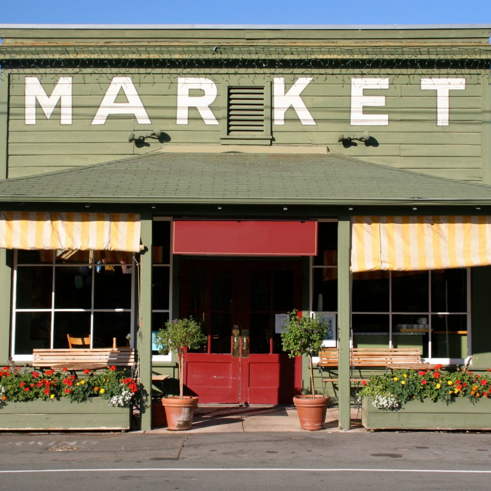 Exterior view of a quaint market near Mission Rock at San Rafael in San Rafael, California