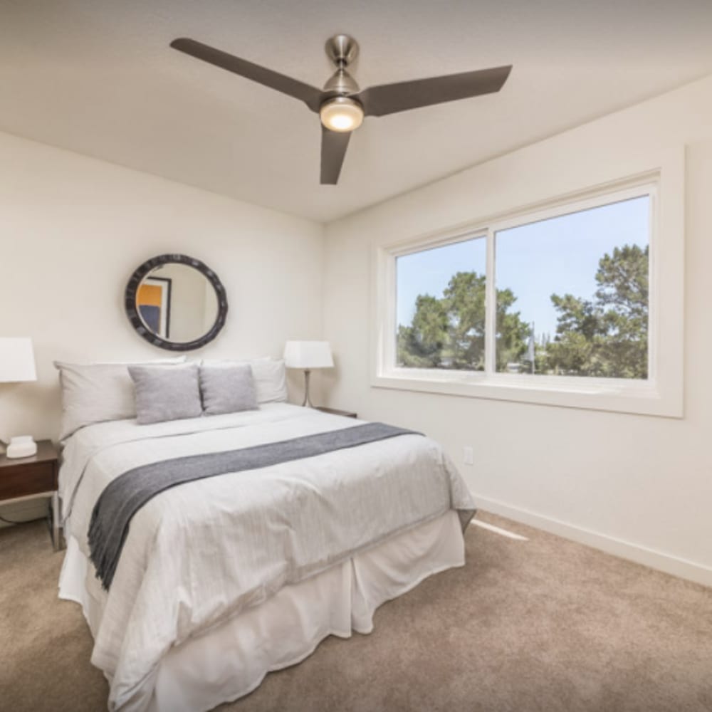 Model apartment's bedroom with a ceiling fan at our Parc Marin community at Mission Rock at San Rafael in San Rafael, California