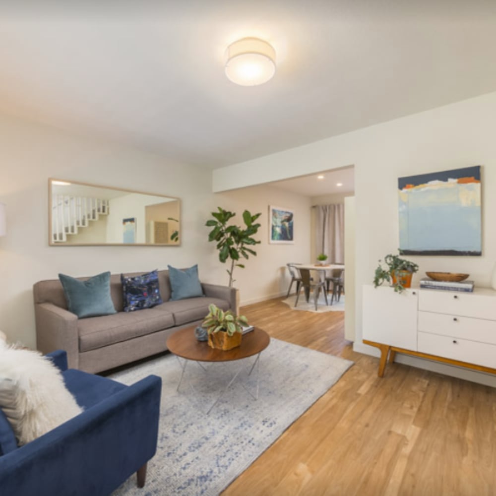 Spacious living room in a model apartment home at our Parc Marin community at Mission Rock at San Rafael in San Rafael, California