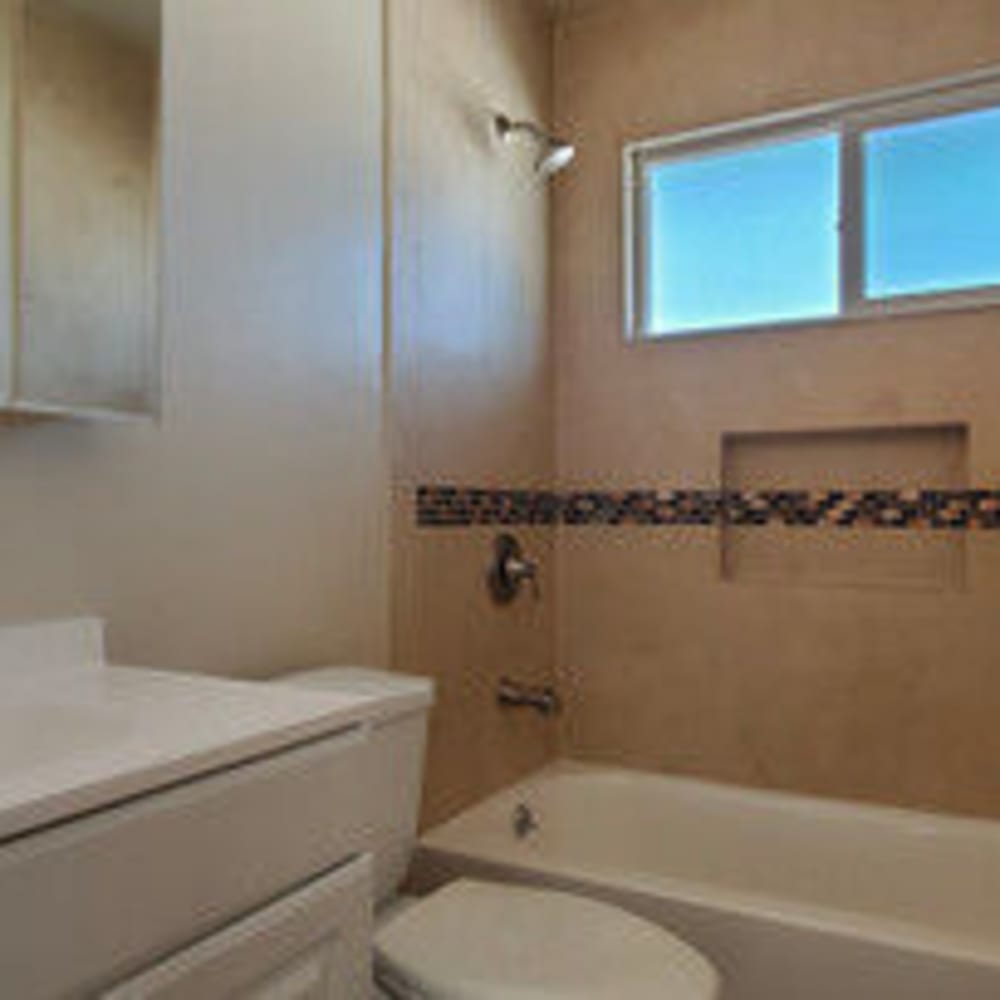 Bathroom with window and tub/shower at our Marin Heights community at Mission Rock at San Rafael in San Rafael, California