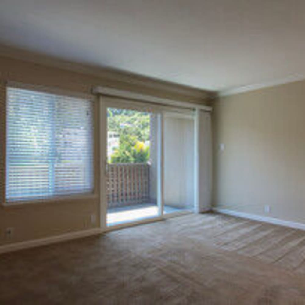 Private patio with glass sliding door at our Marin Heights community at Mission Rock at San Rafael in San Rafael, California