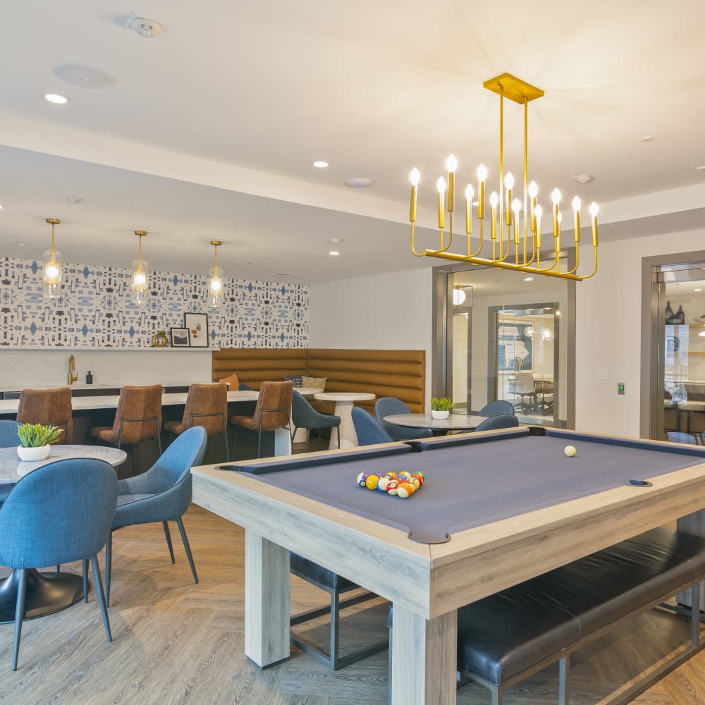 Billiards table in the resident lounge at Sofi at Morristown Station in Morristown, New Jersey