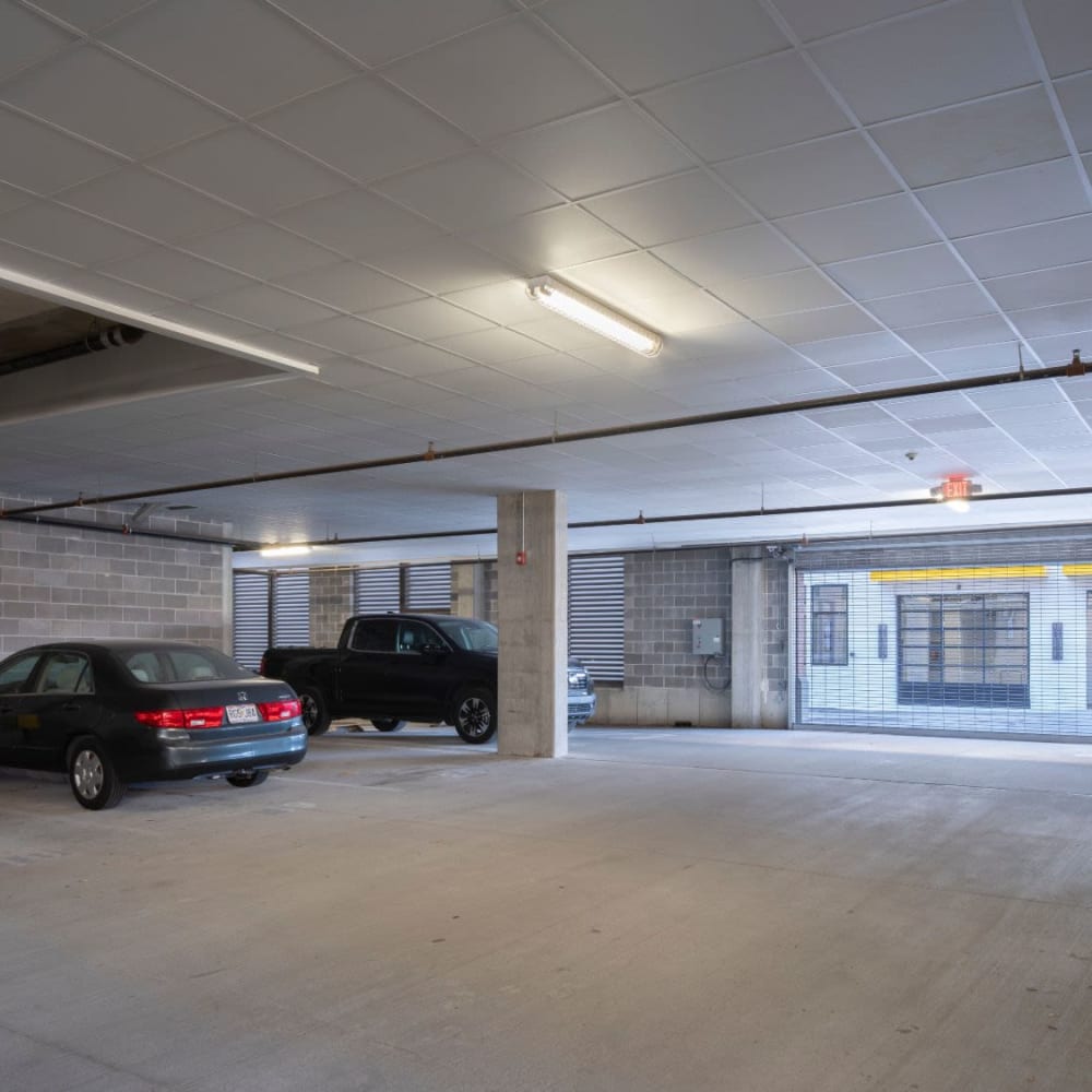 Parking garage for residents at Oaks Centropolis Apartments in Kansas City, Missouri