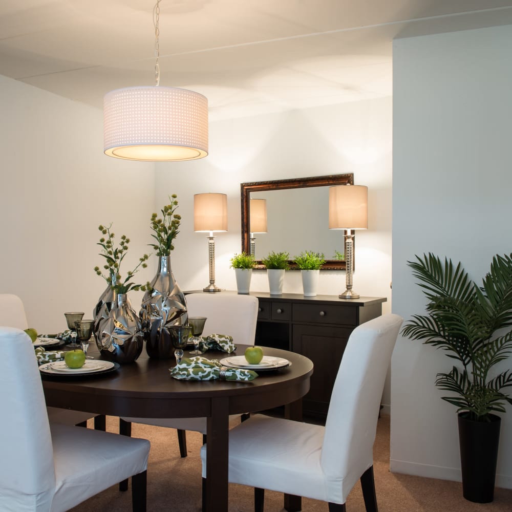 A decorated apartment dining room at Claremont Towers in Hillsborough, New Jersey